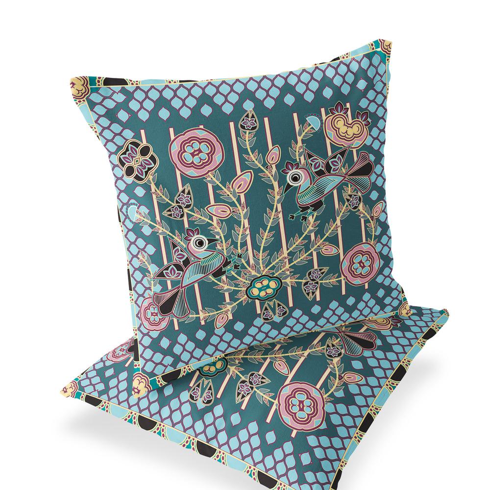 Green, Pink Peacock Blown Seam Floral Indoor Outdoor Throw Pillow. Picture 1