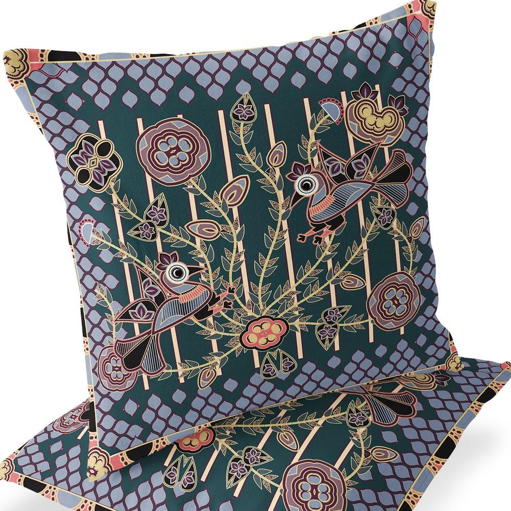 Green, Pink Peacock Blown Seam Floral Indoor Outdoor Throw Pillow. Picture 5