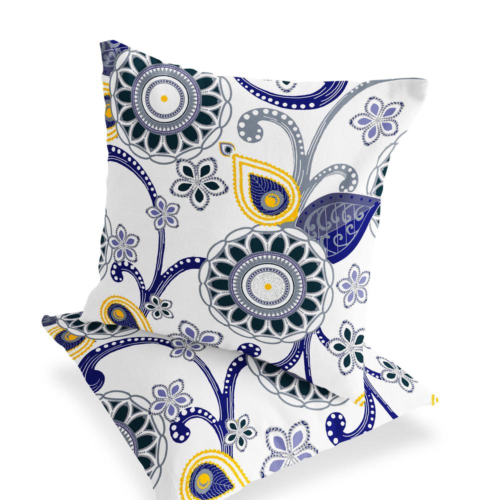 Set of Two 16" X 16" Blue, White Blown Seam Floral Indoor Outdoor Throw Pillow. Picture 4