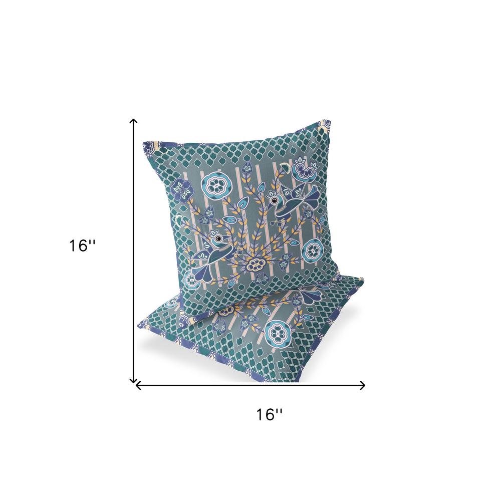 Blue, Gray Peacock Blown Seam Floral Indoor Outdoor Throw Pillow. Picture 7