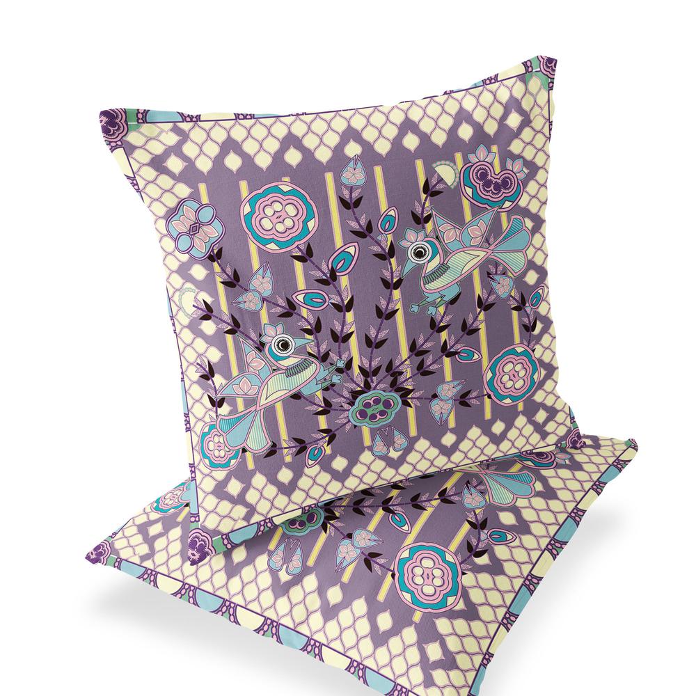 Blue, Purple Peacock Blown Seam Floral Indoor Outdoor Throw Pillow. Picture 1