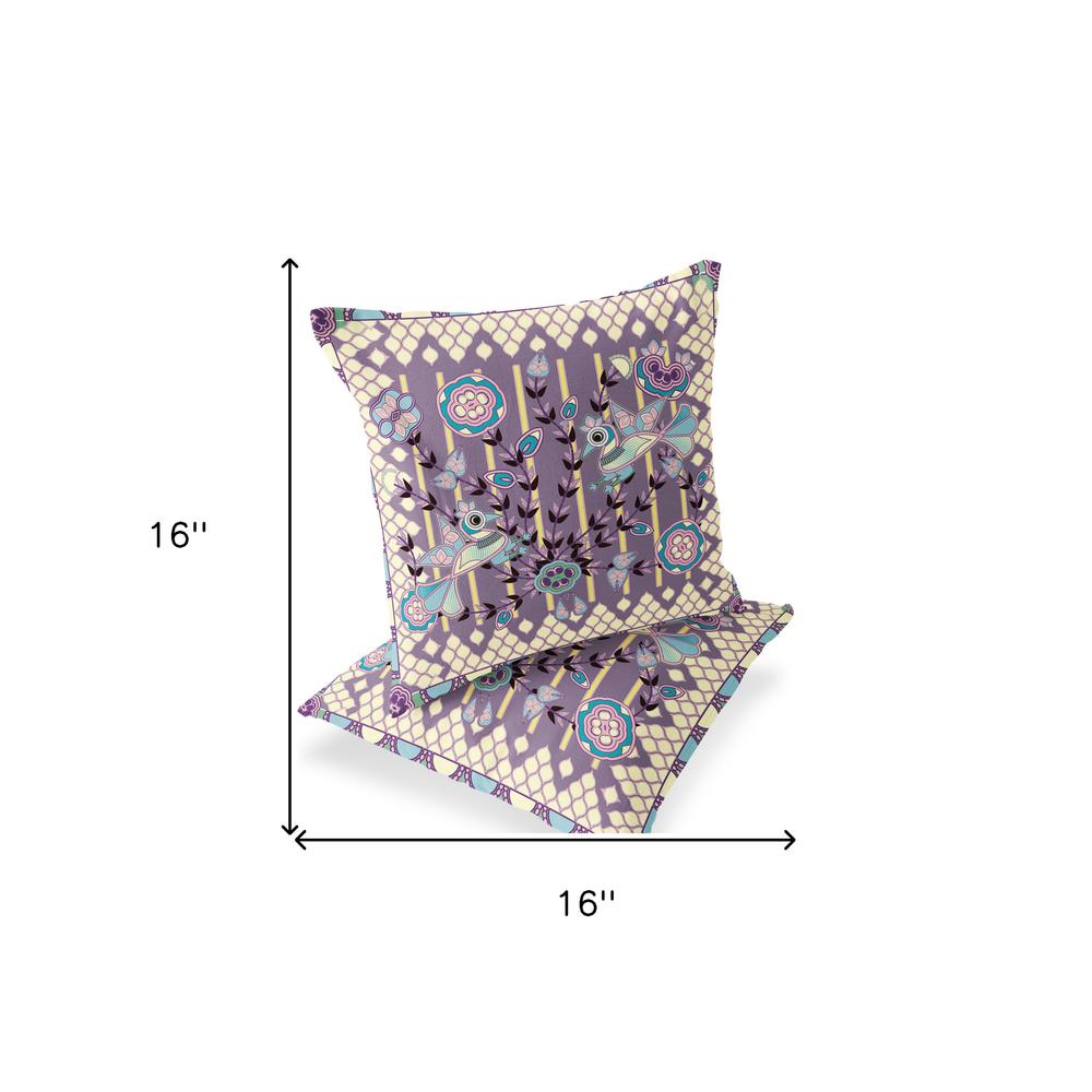 Blue, Purple Peacock Blown Seam Floral Indoor Outdoor Throw Pillow. Picture 8