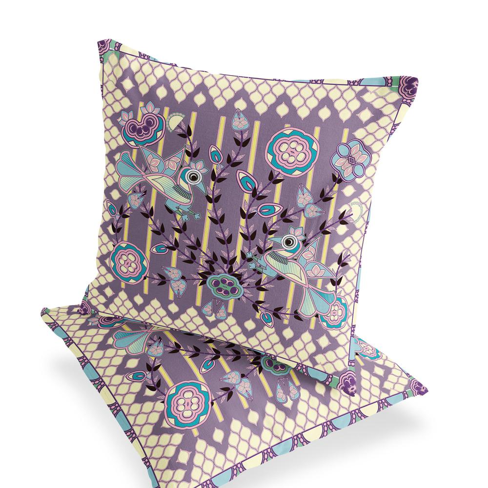 Blue, Purple Peacock Blown Seam Floral Indoor Outdoor Throw Pillow. Picture 4