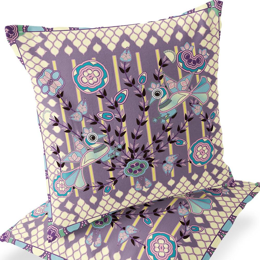 Blue, Purple Peacock Blown Seam Floral Indoor Outdoor Throw Pillow. Picture 7