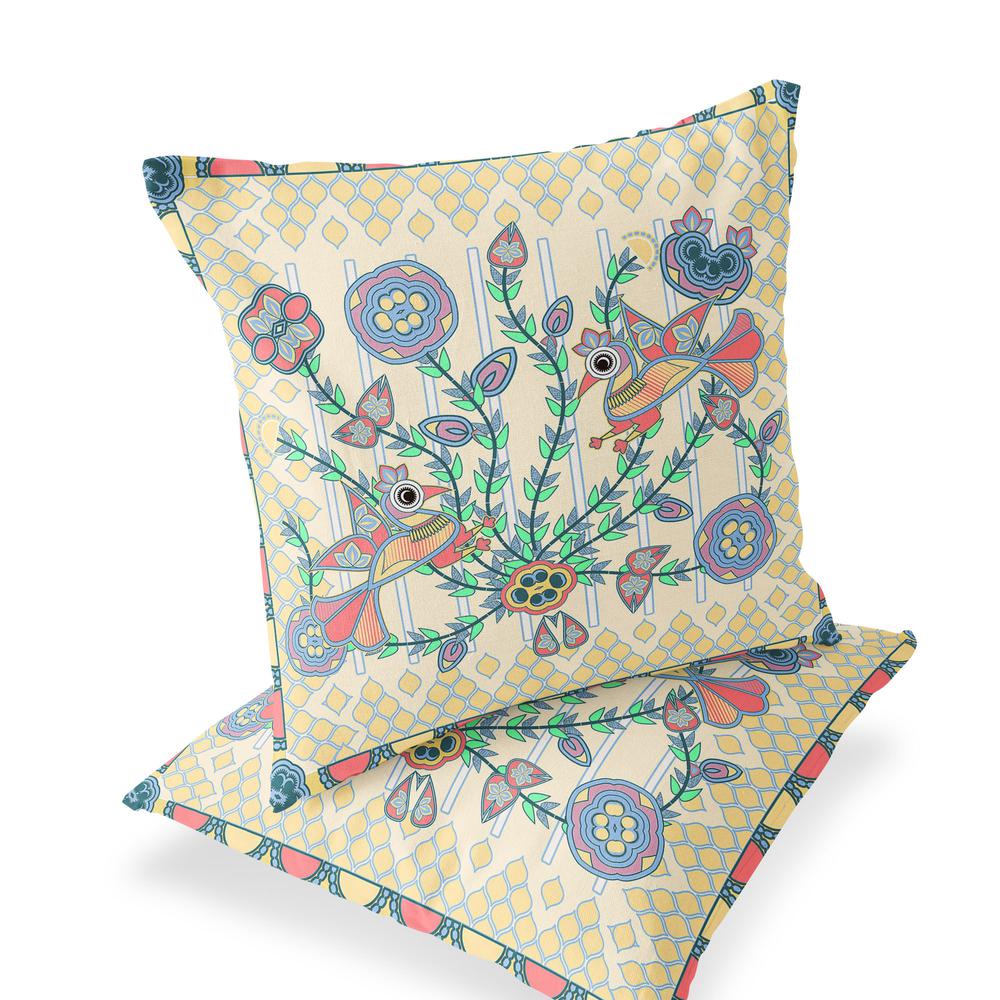 Blue, Yellow Peacock Blown Seam Floral Indoor Outdoor Throw Pillow. Picture 1