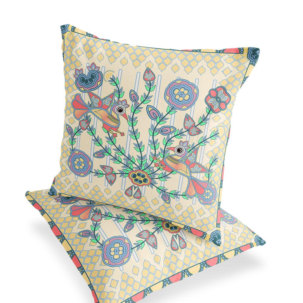 Blue, Yellow Peacock Blown Seam Floral Indoor Outdoor Throw Pillow. Picture 4