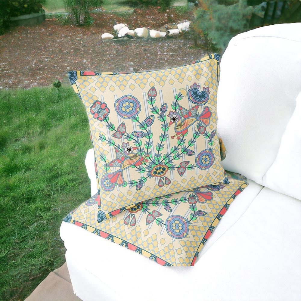 Blue, Yellow Peacock Blown Seam Floral Indoor Outdoor Throw Pillow. Picture 2