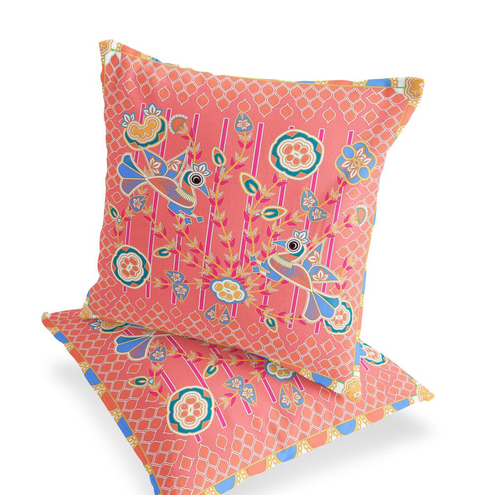 Blue, Pink Peacock Blown Seam Floral Indoor Outdoor Throw Pillow. Picture 4