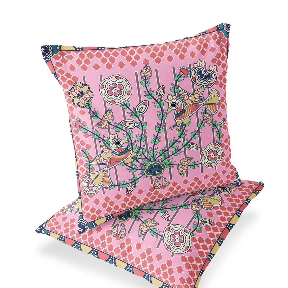 Yellow, Peach Peacock Blown Seam Floral Indoor Outdoor Throw Pillow. Picture 1