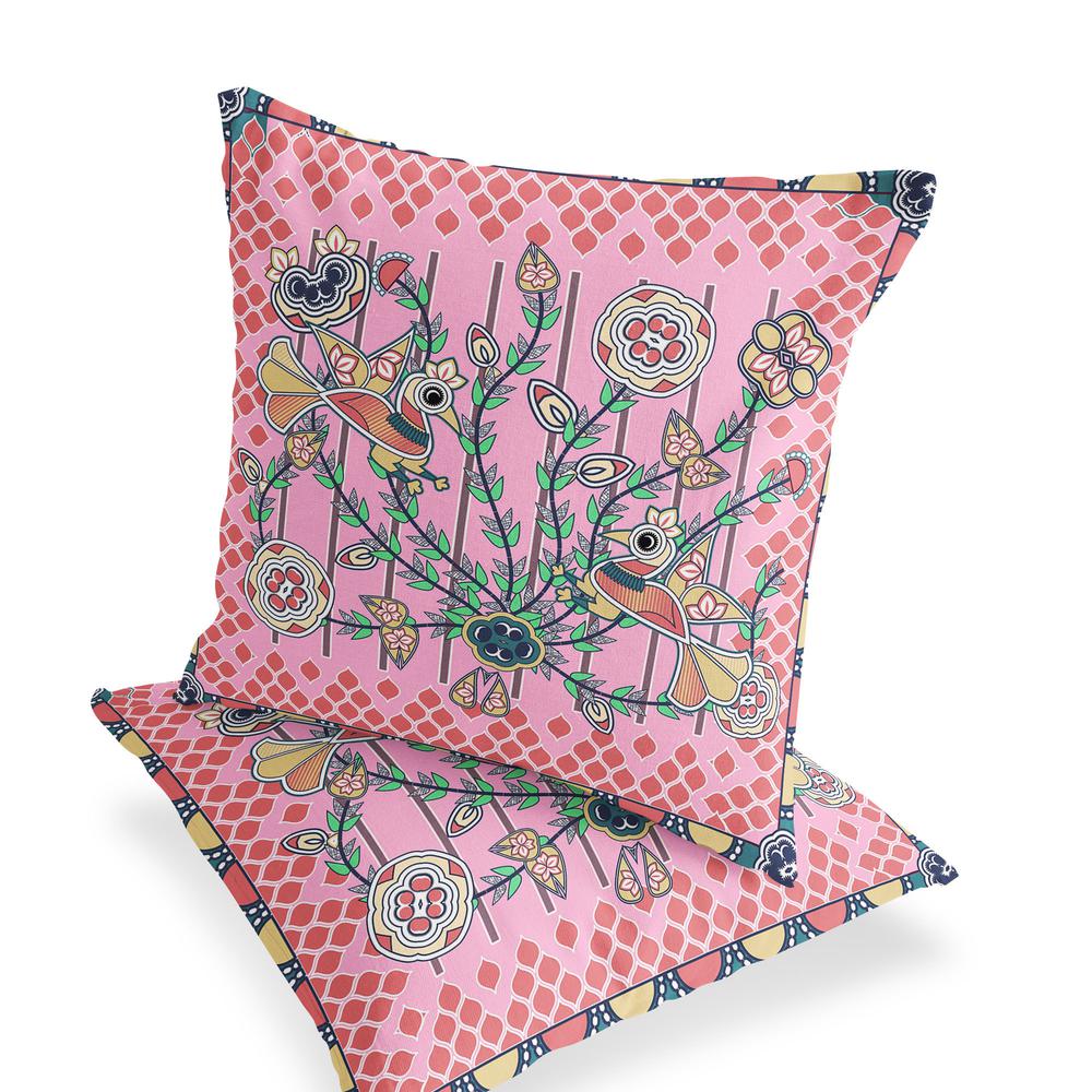 Yellow, Peach Peacock Blown Seam Floral Indoor Outdoor Throw Pillow. Picture 4
