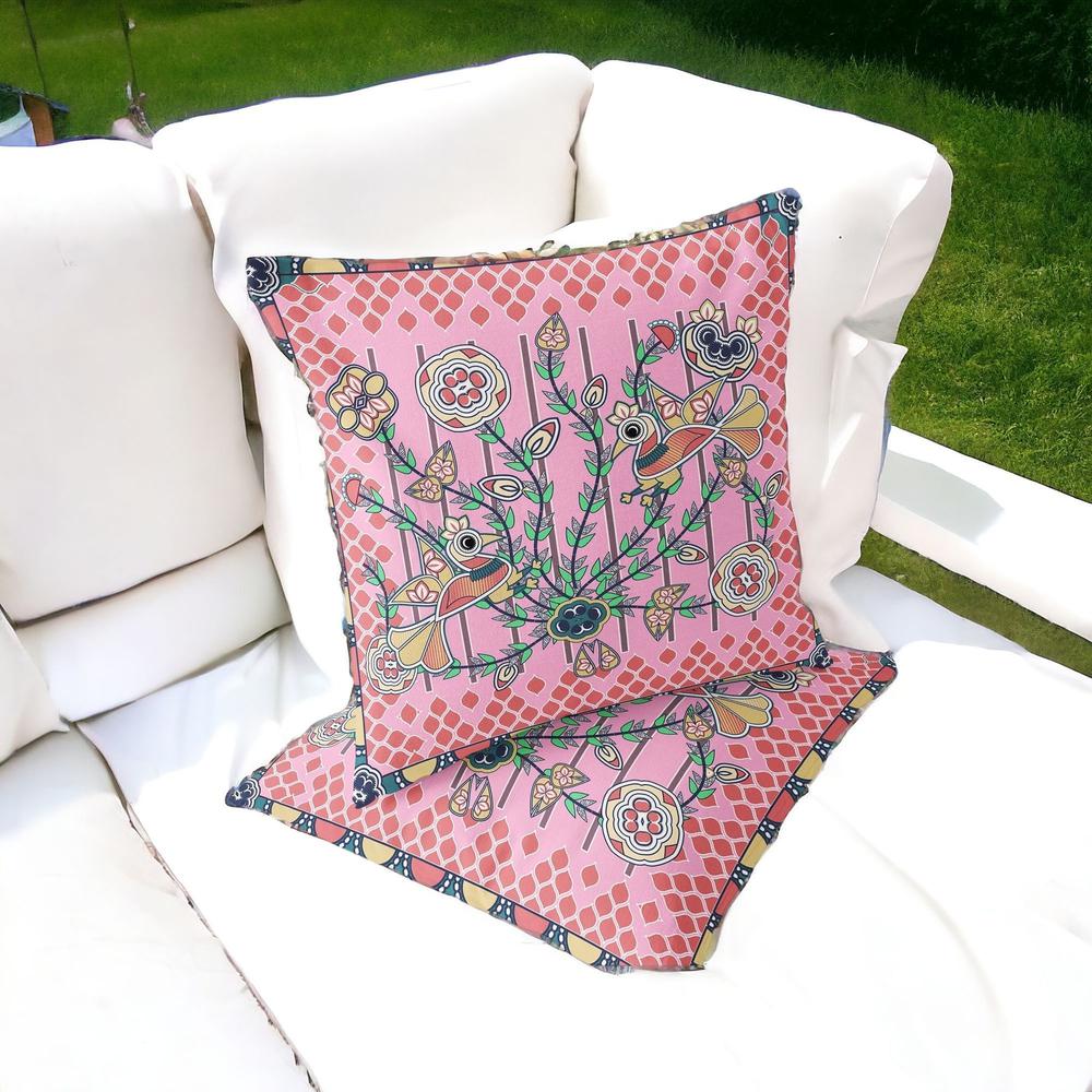 Yellow, Peach Peacock Blown Seam Floral Indoor Outdoor Throw Pillow. Picture 2