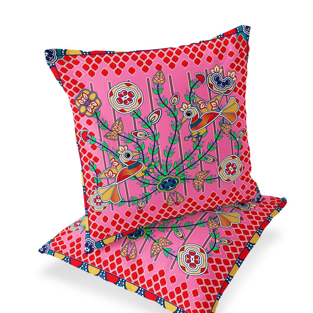 Red, Pink Peacock Blown Seam Floral Indoor Outdoor Throw Pillow. Picture 1