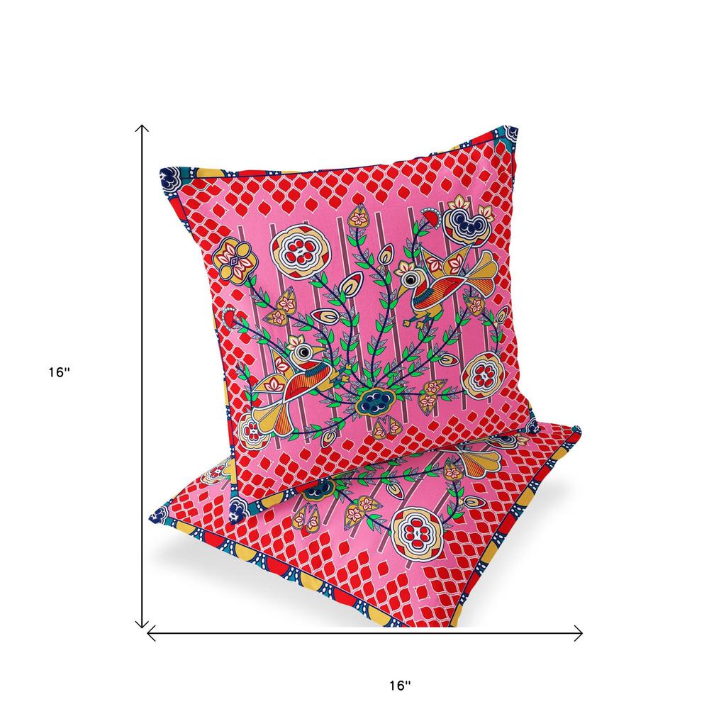 Red, Pink Peacock Blown Seam Floral Indoor Outdoor Throw Pillow. Picture 5