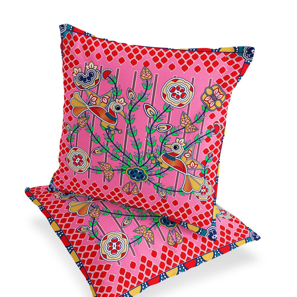 Red, Pink Peacock Blown Seam Floral Indoor Outdoor Throw Pillow. Picture 4