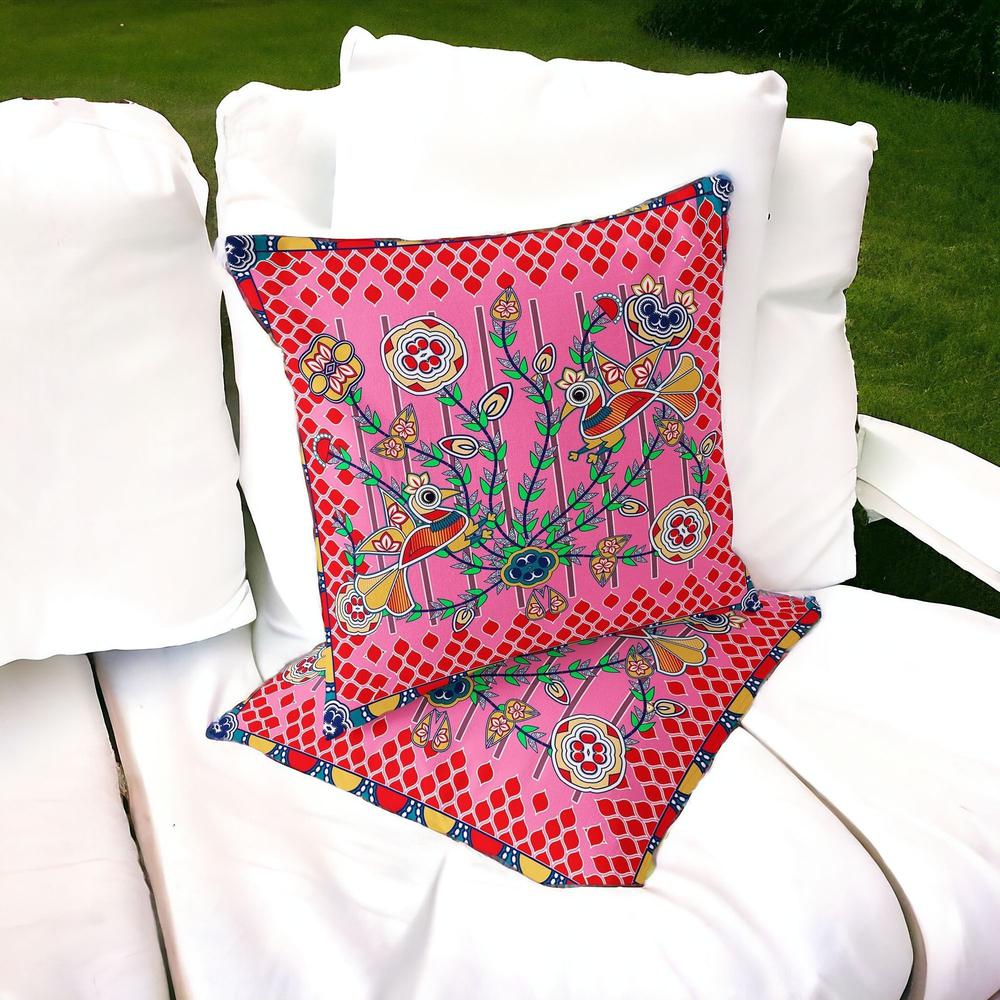 Red, Pink Peacock Blown Seam Floral Indoor Outdoor Throw Pillow. Picture 2