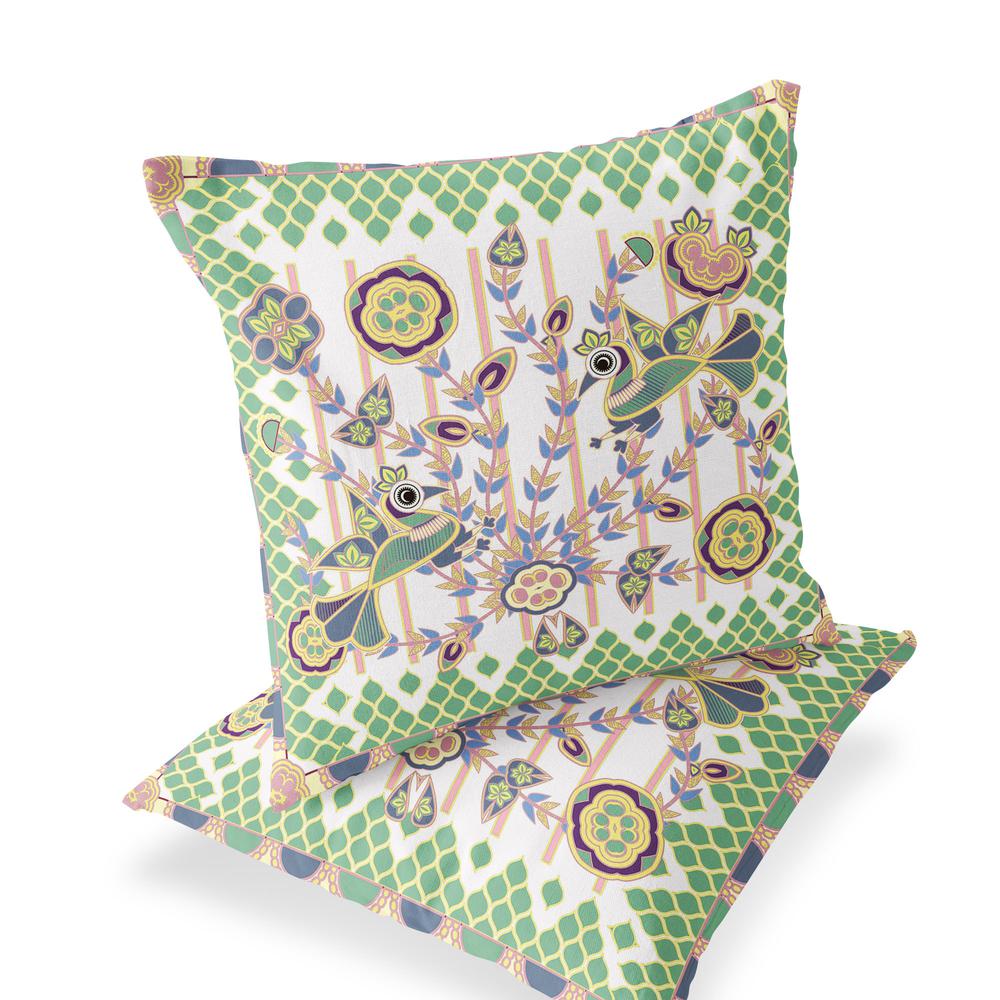 Green, White Peacock Blown Seam Floral Indoor Outdoor Throw Pillow. Picture 1