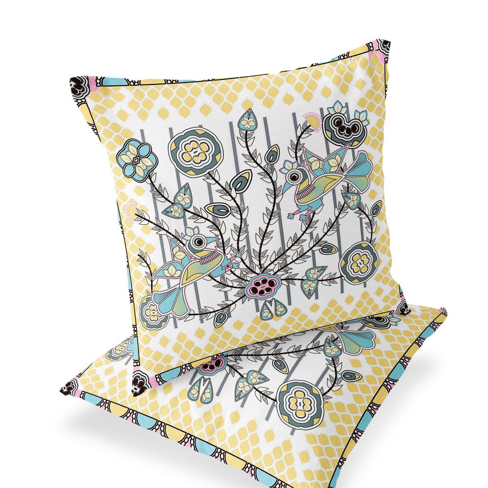 Yellow, White Peacock Blown Seam Floral Indoor Outdoor Throw Pillow. Picture 1