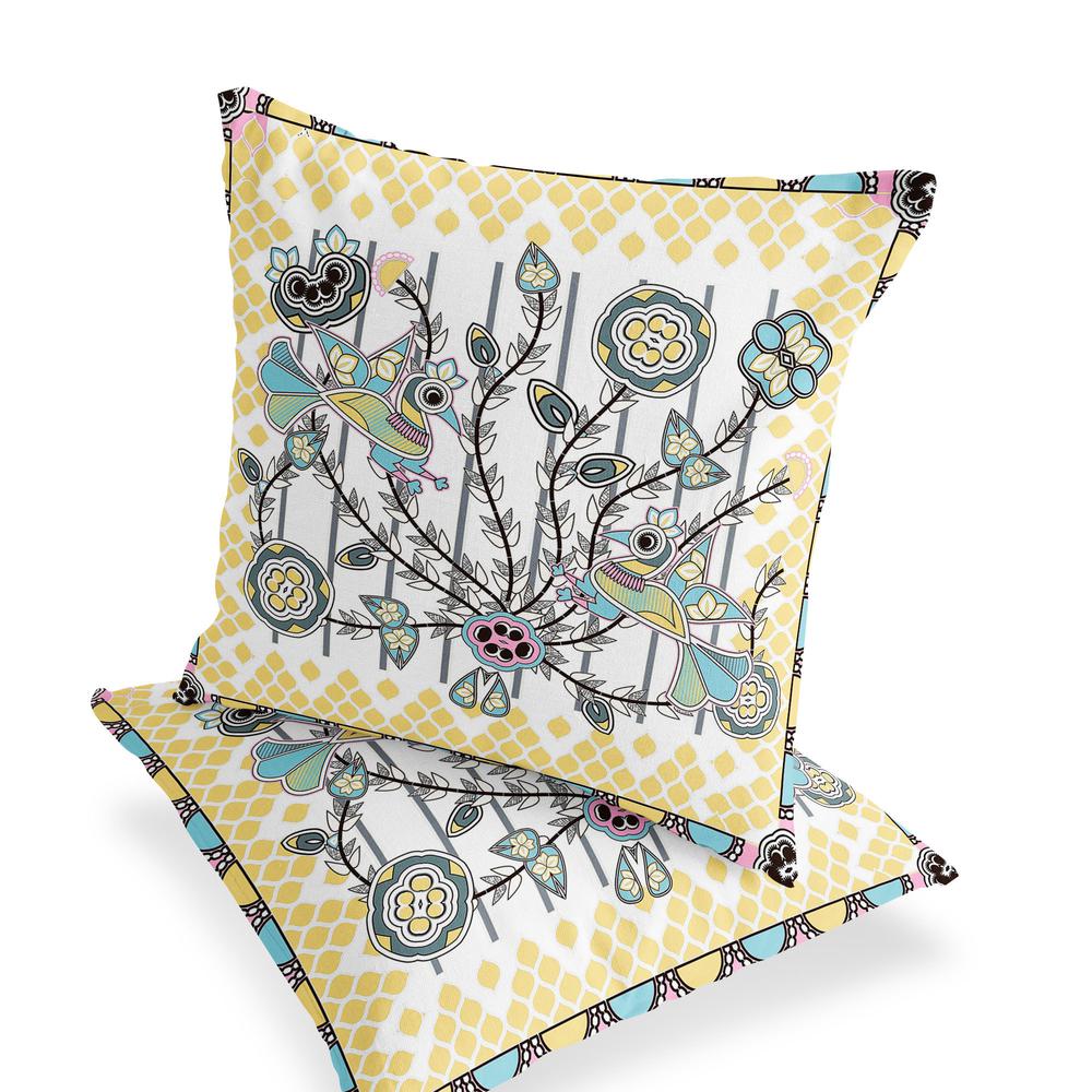 Yellow, White Peacock Blown Seam Floral Indoor Outdoor Throw Pillow. Picture 4
