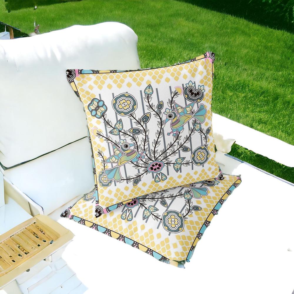 Yellow, White Peacock Blown Seam Floral Indoor Outdoor Throw Pillow. Picture 2