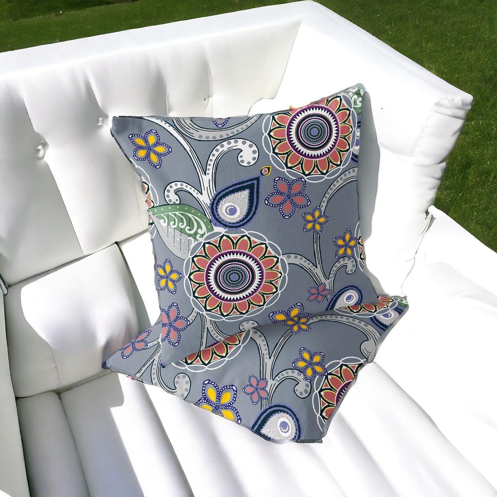 Set of Two 16" X 16" Gray and Red Blown Seam Floral Indoor Outdoor Throw Pillow. Picture 2