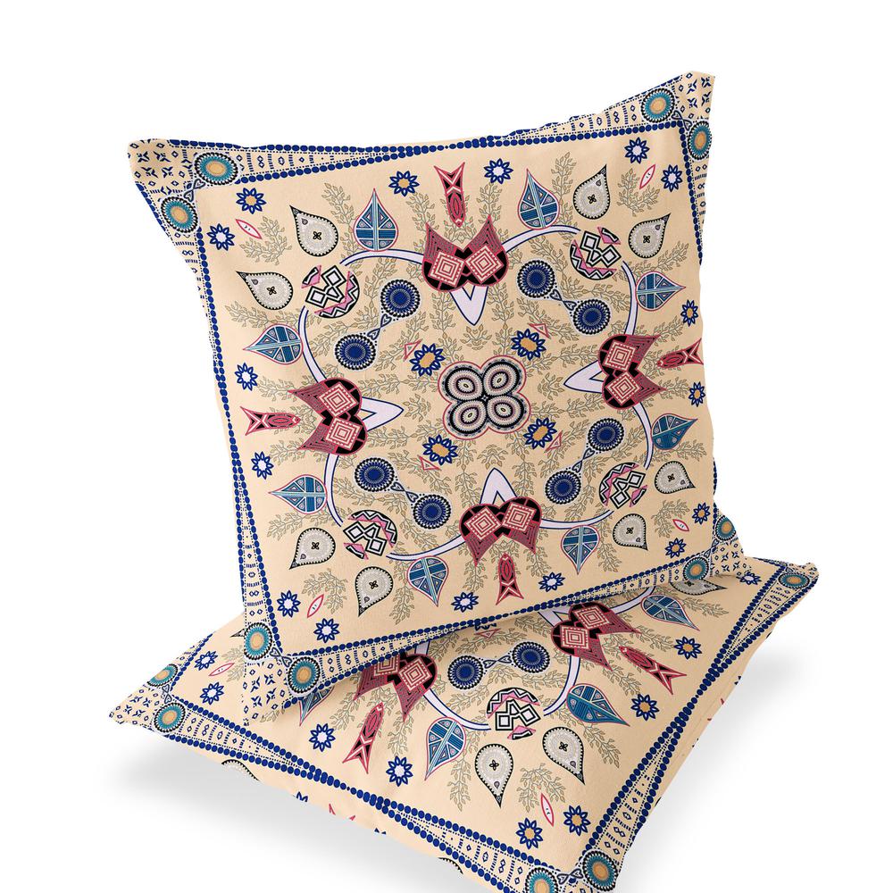 Set of Two 16" X 16" Beige, Blue Blown Seam Paisley Indoor Outdoor Throw Pillow. Picture 1