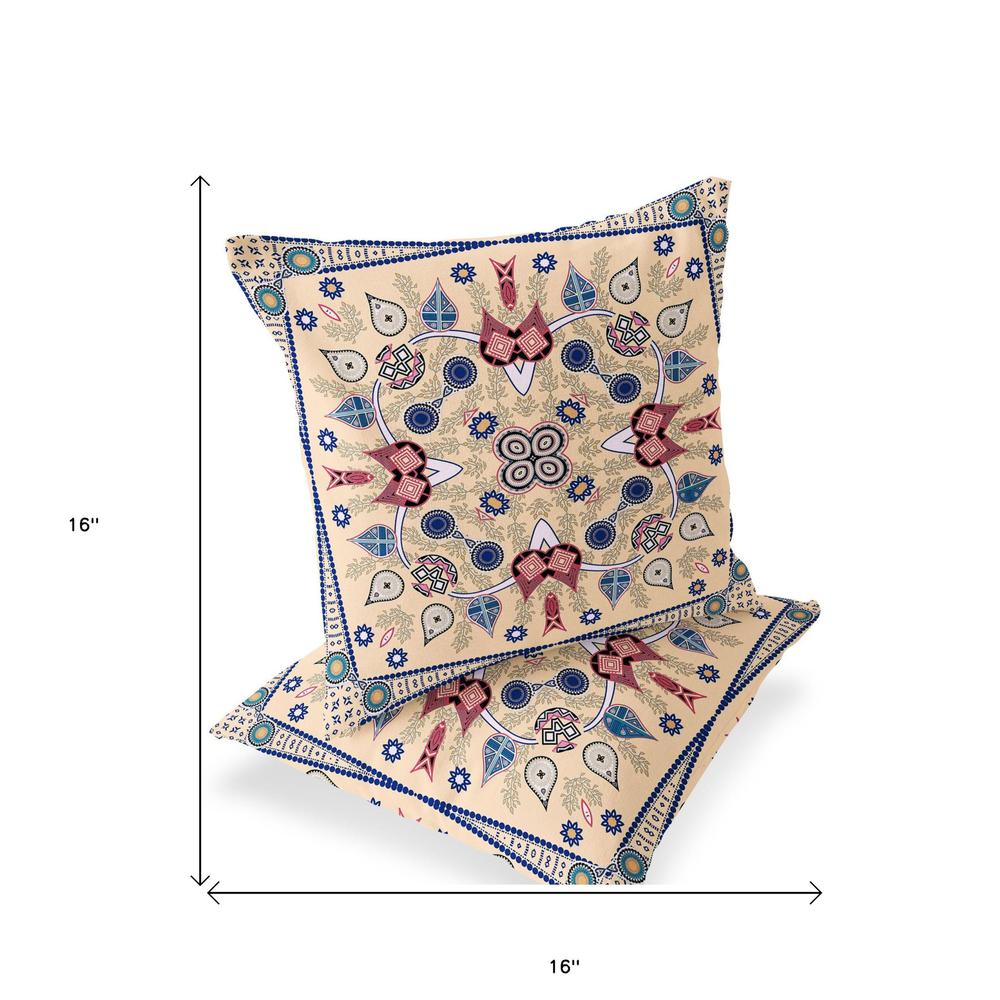 Set of Two 16" X 16" Beige, Blue Blown Seam Paisley Indoor Outdoor Throw Pillow. Picture 5