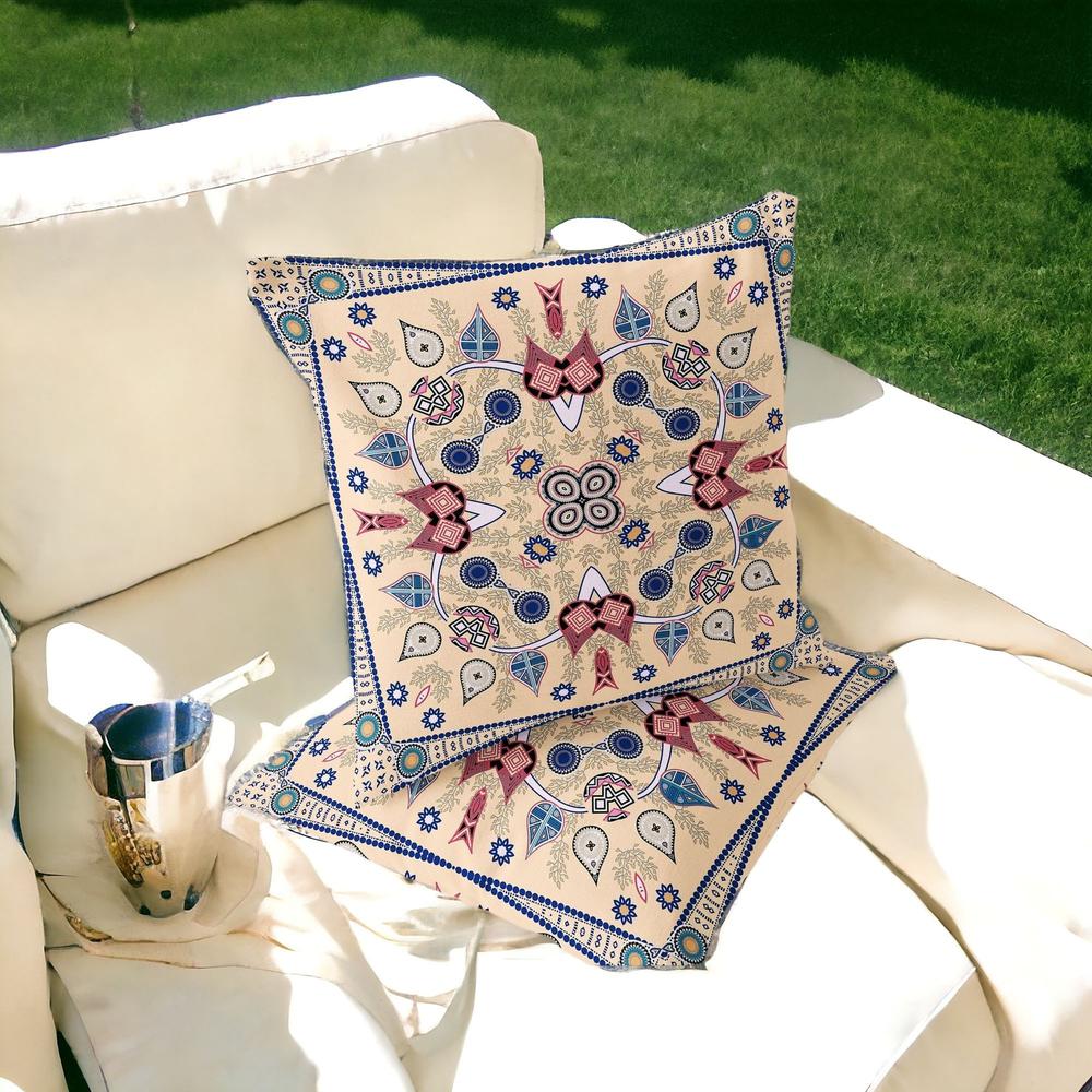 Set of Two 16" X 16" Beige, Blue Blown Seam Paisley Indoor Outdoor Throw Pillow. Picture 2