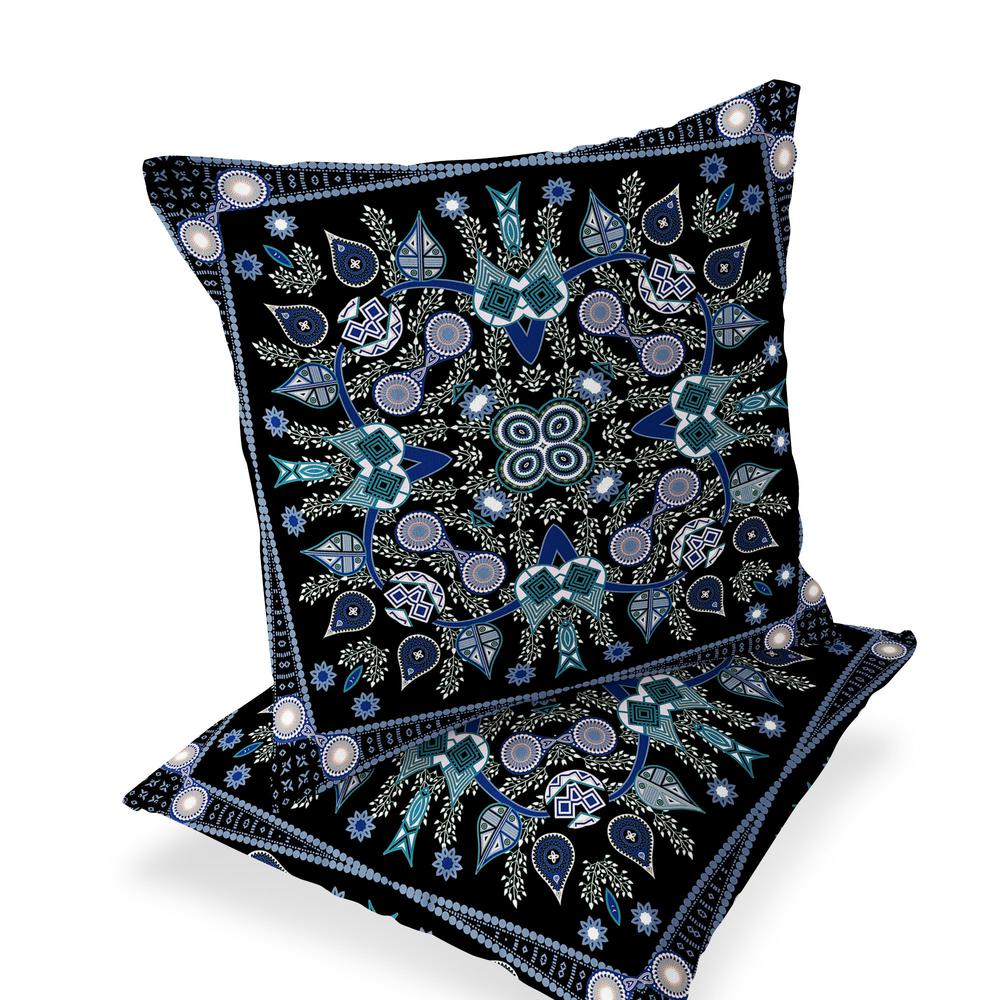 Set of Two 16" X 16" Black, Blue Blown Seam Paisley Indoor Outdoor Throw Pillow. Picture 1