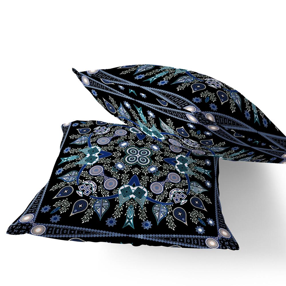Set of Two 16" X 16" Black, Blue Blown Seam Paisley Indoor Outdoor Throw Pillow. Picture 4