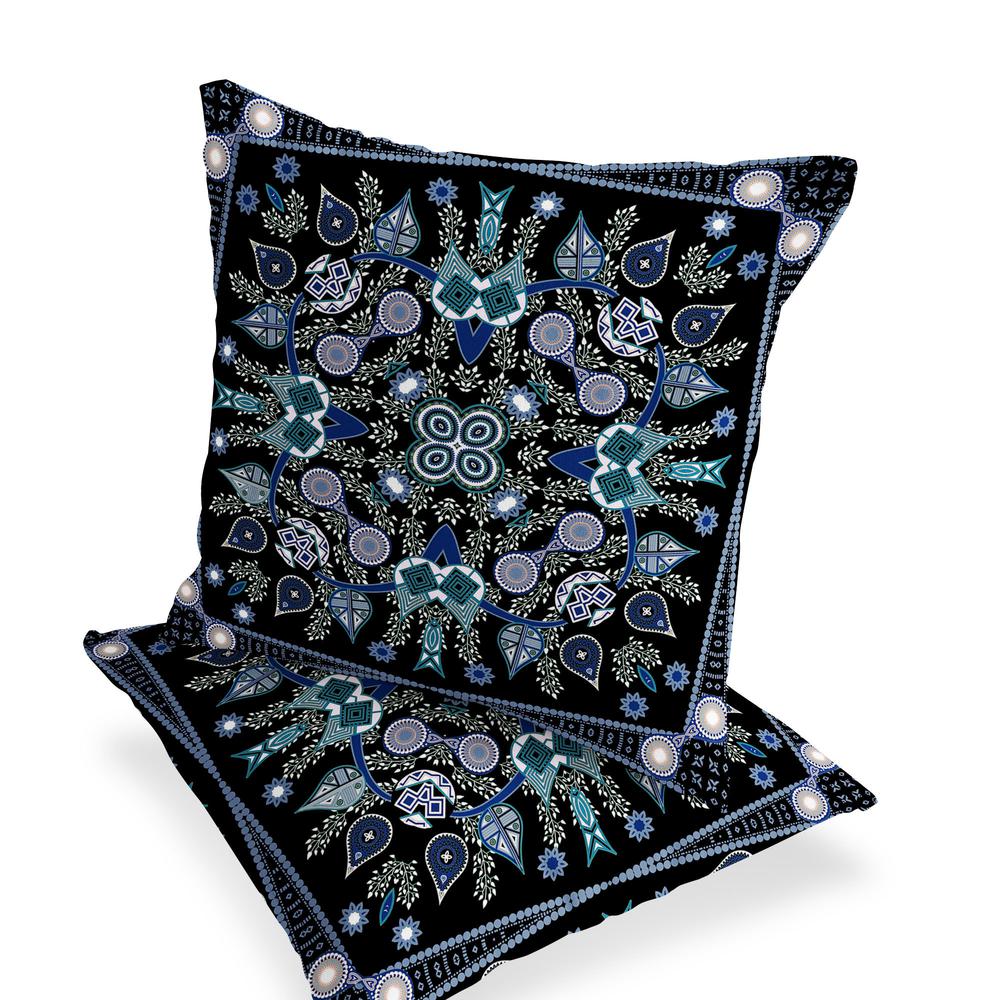 Set of Two 16" X 16" Black, Blue Blown Seam Paisley Indoor Outdoor Throw Pillow. Picture 5