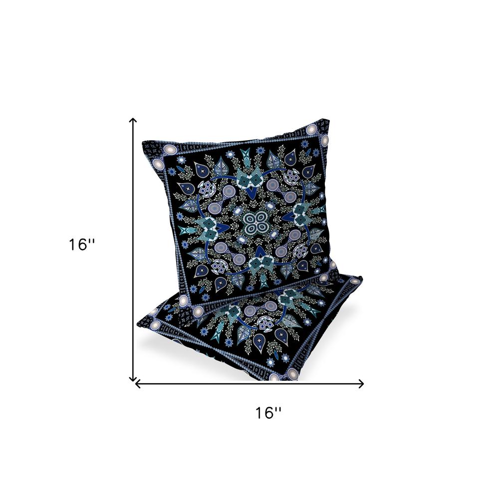 Set of Two 16" X 16" Black, Blue Blown Seam Paisley Indoor Outdoor Throw Pillow. Picture 6