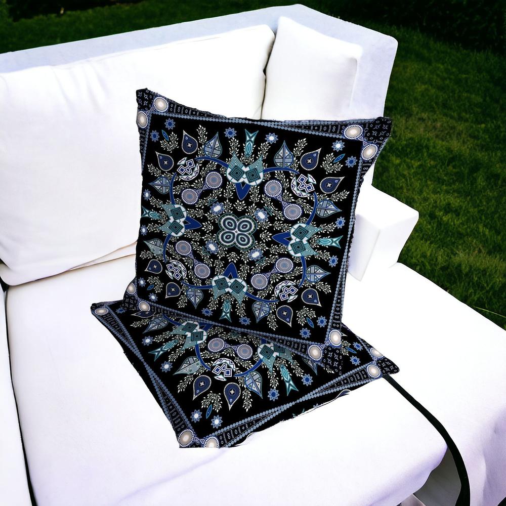 Set of Two 16" X 16" Black, Blue Blown Seam Paisley Indoor Outdoor Throw Pillow. Picture 2