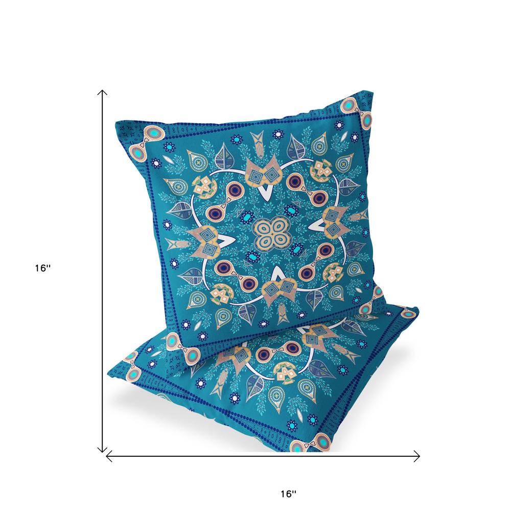 Set of Two 16" X 16" Beige, Blue Blown Seam Paisley Indoor Outdoor Throw Pillow. Picture 4