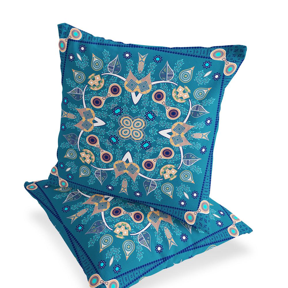 Set of Two 16" X 16" Beige, Blue Blown Seam Paisley Indoor Outdoor Throw Pillow. Picture 3