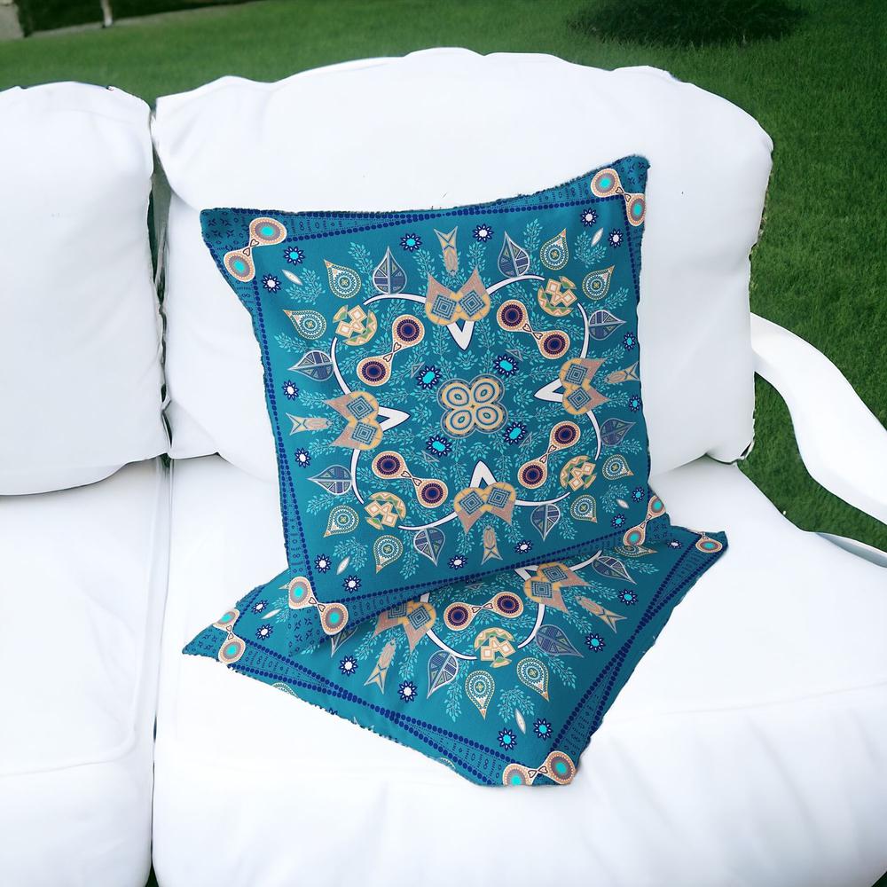 Set of Two 16" X 16" Beige, Blue Blown Seam Paisley Indoor Outdoor Throw Pillow. Picture 5