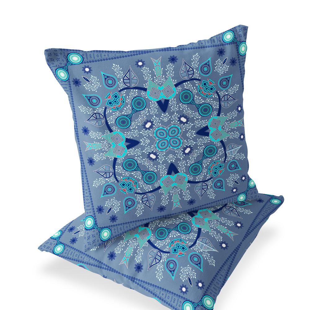 Set of Two 16" X 16" Blue, White Blown Seam Paisley Indoor Outdoor Throw Pillow. Picture 1