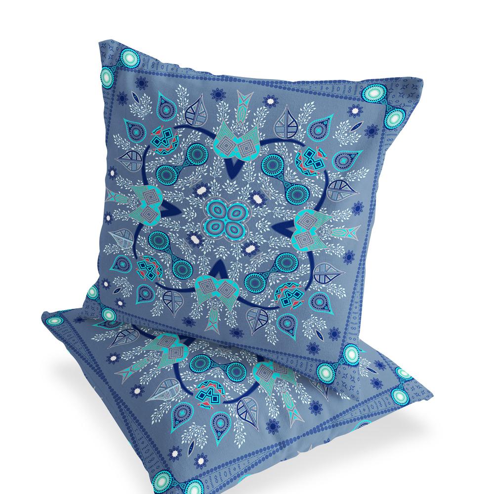 Set of Two 16" X 16" Blue, White Blown Seam Paisley Indoor Outdoor Throw Pillow. Picture 3