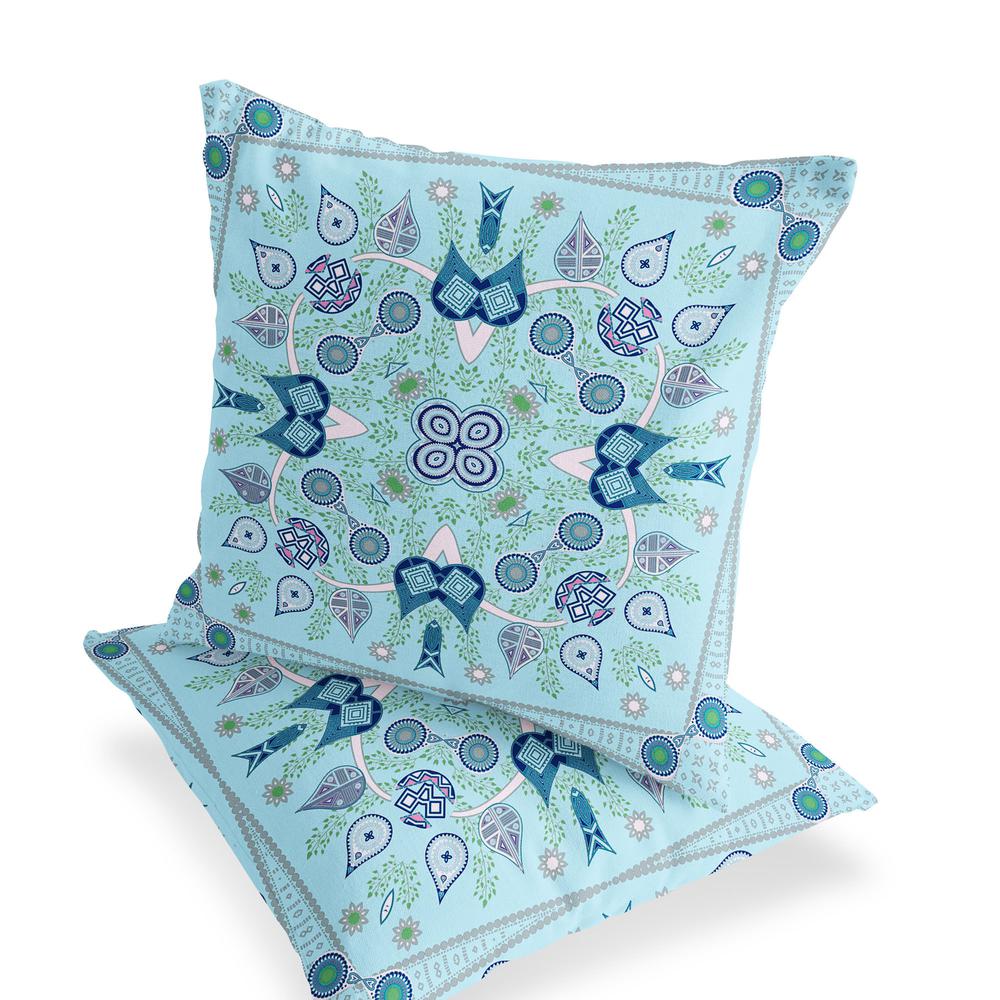 Set of Two 16" X 16" Blue, White Blown Seam Paisley Indoor Outdoor Throw Pillow. Picture 4