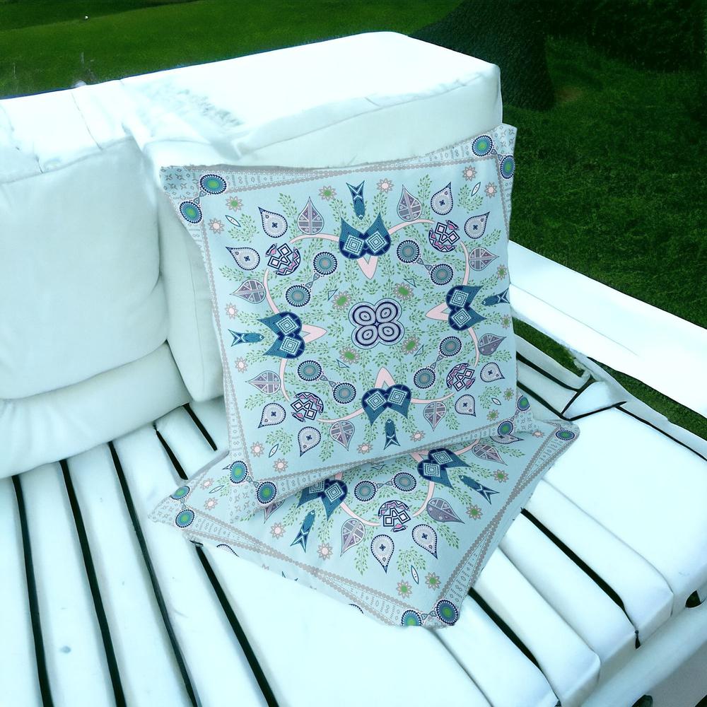 Set of Two 16" X 16" Blue, White Blown Seam Paisley Indoor Outdoor Throw Pillow. Picture 2