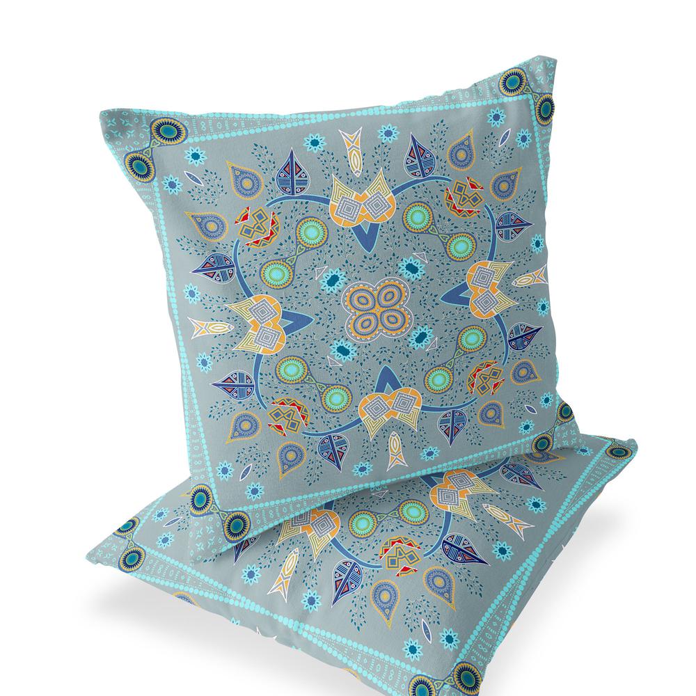 Set of Two 16" X 16" Blue, Gray Blown Seam Paisley Indoor Outdoor Throw Pillow. Picture 1