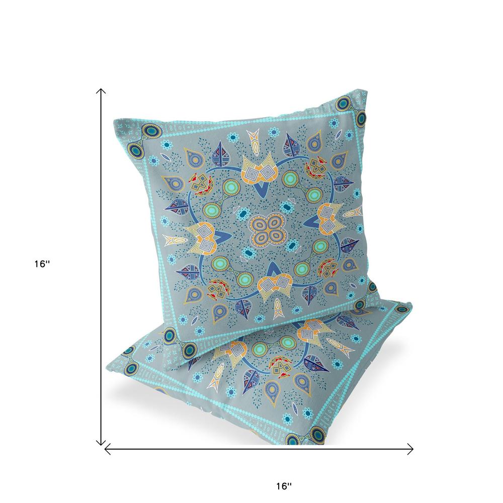 Set of Two 16" X 16" Blue, Gray Blown Seam Paisley Indoor Outdoor Throw Pillow. Picture 5