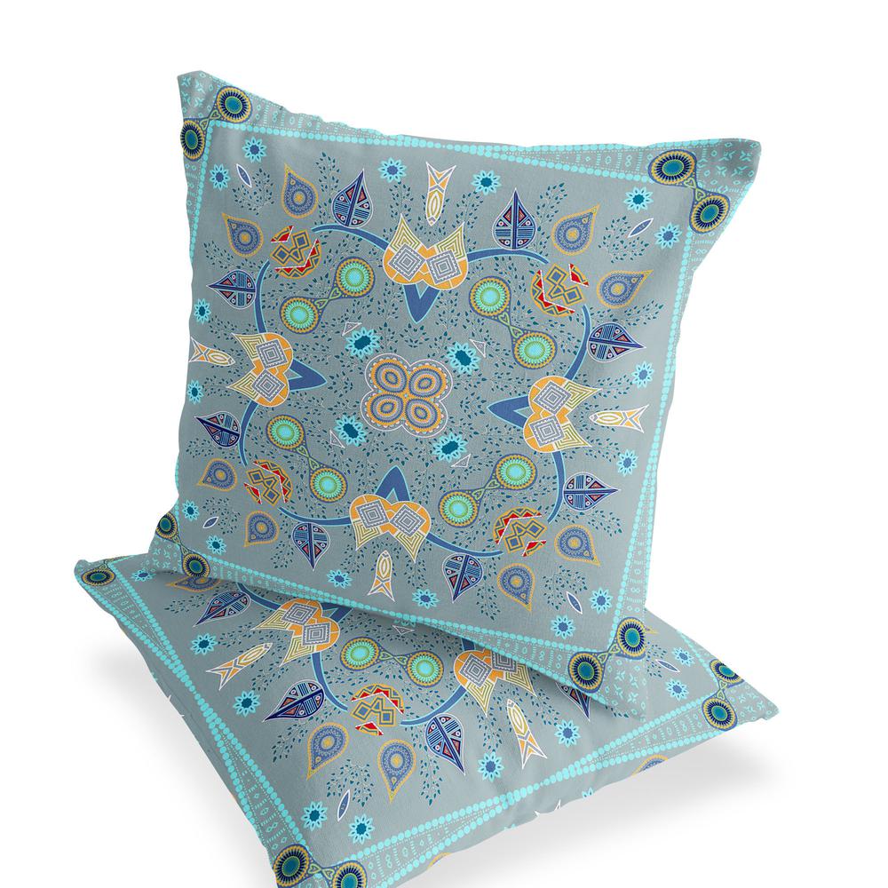 Set of Two 16" X 16" Blue, Gray Blown Seam Paisley Indoor Outdoor Throw Pillow. Picture 4