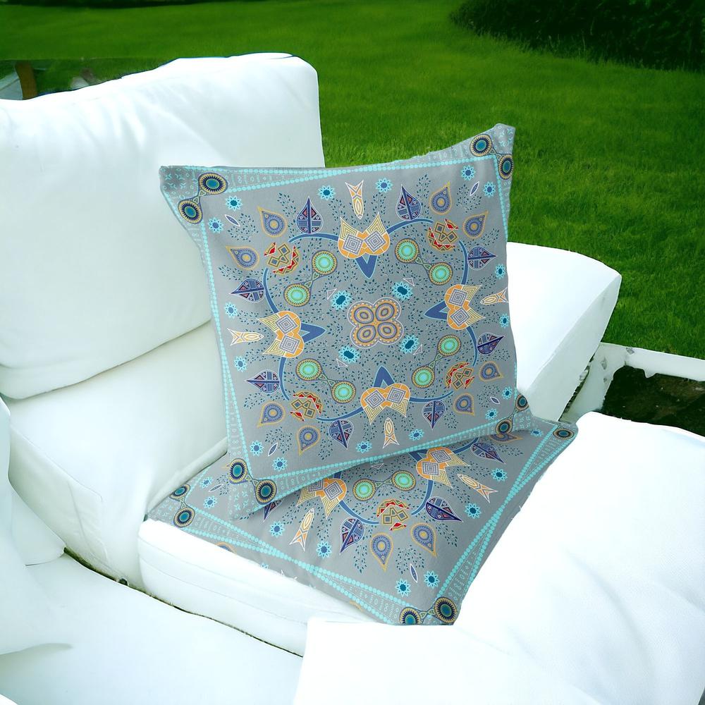 Set of Two 16" X 16" Blue, Gray Blown Seam Paisley Indoor Outdoor Throw Pillow. Picture 2