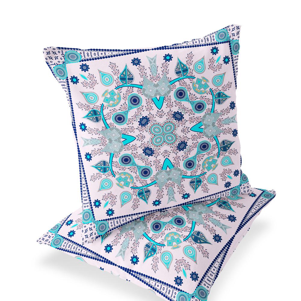 Set of Two 16" X 16" Blue, Pink Blown Seam Paisley Indoor Outdoor Throw Pillow. Picture 2