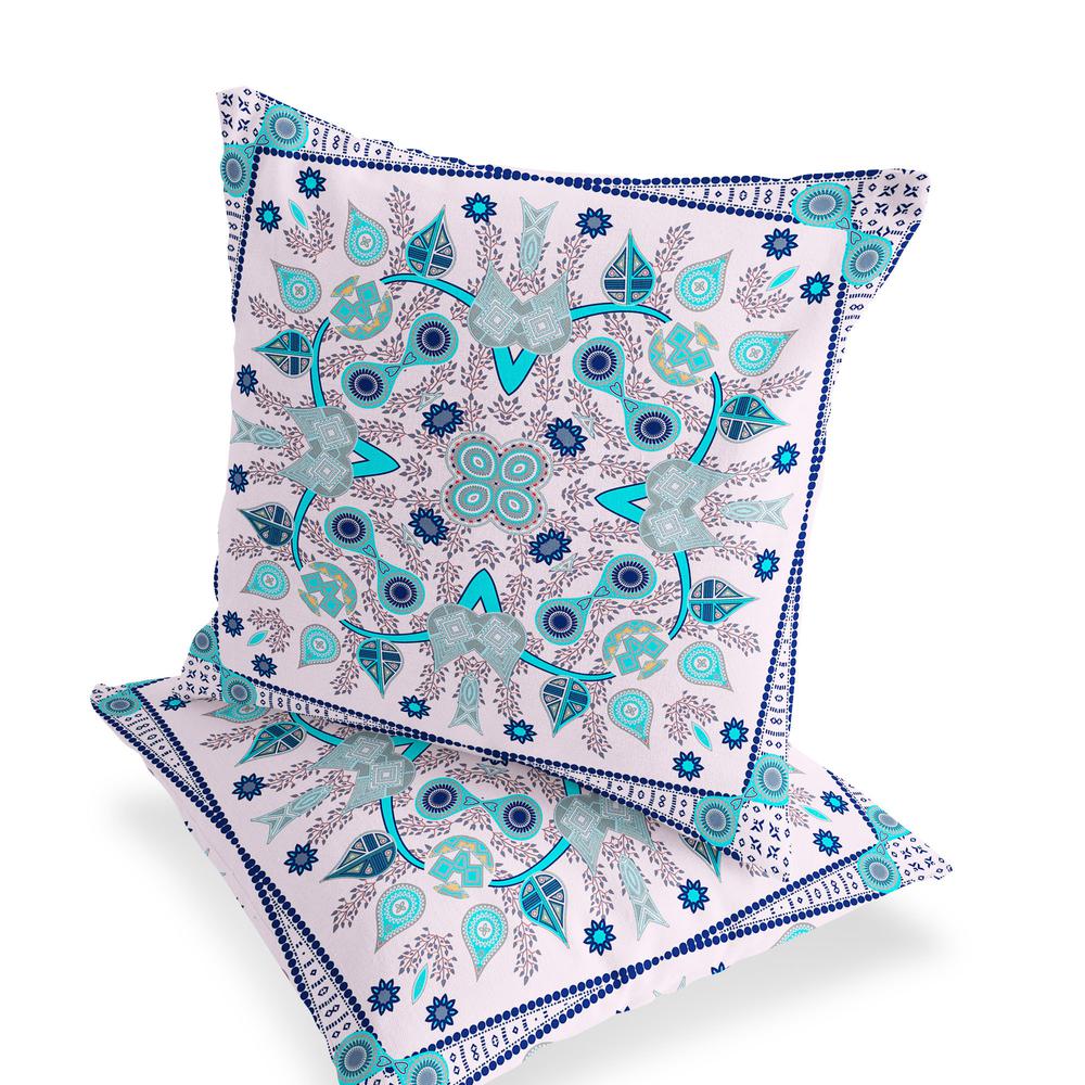 Set of Two 16" X 16" Blue, Pink Blown Seam Paisley Indoor Outdoor Throw Pillow. Picture 4