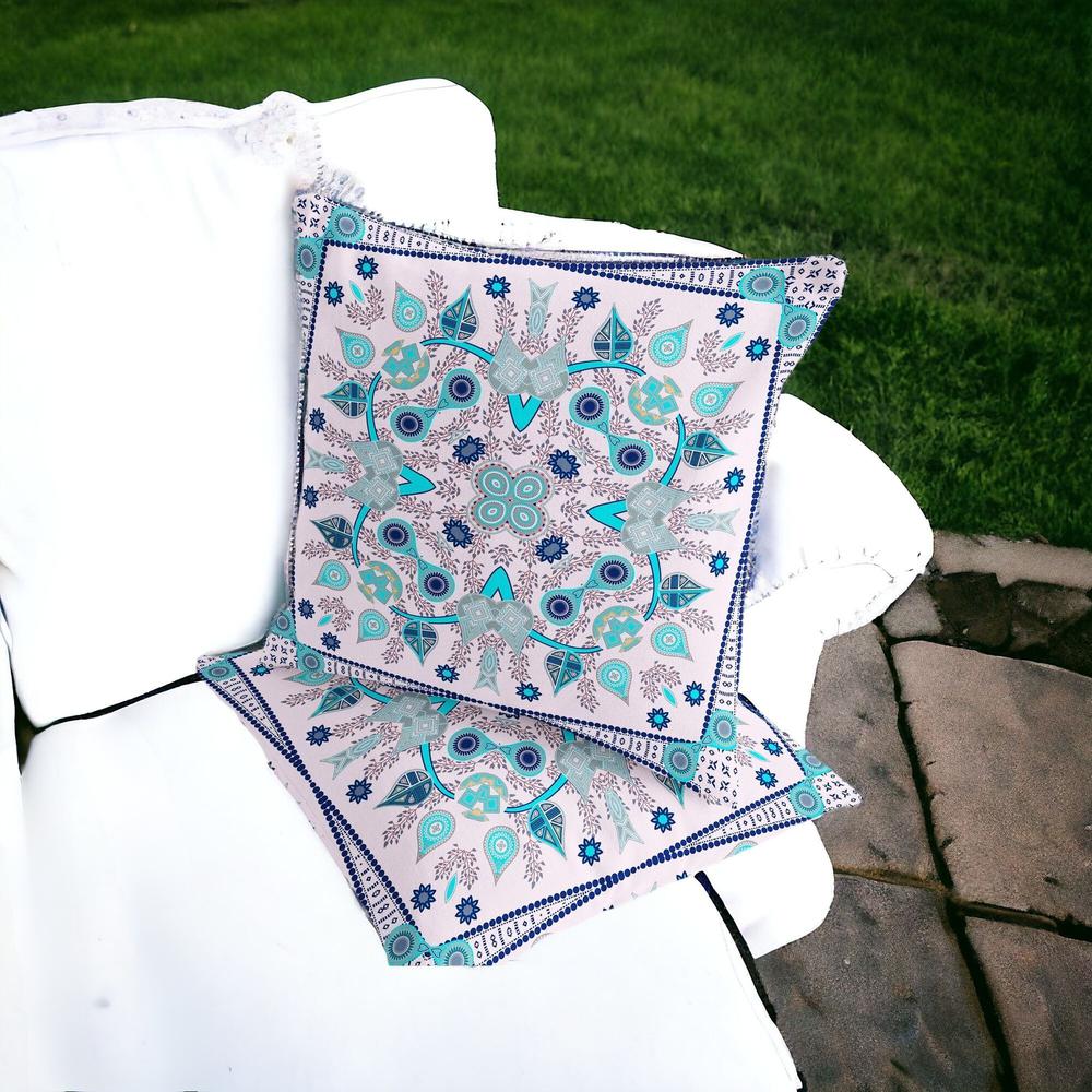 Set of Two 16" X 16" Blue, Pink Blown Seam Paisley Indoor Outdoor Throw Pillow. Picture 1