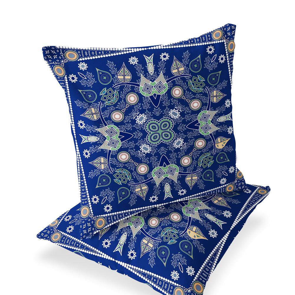 Set of Two 16" X 16" Beige, Blue Blown Seam Paisley Indoor Outdoor Throw Pillow. Picture 1