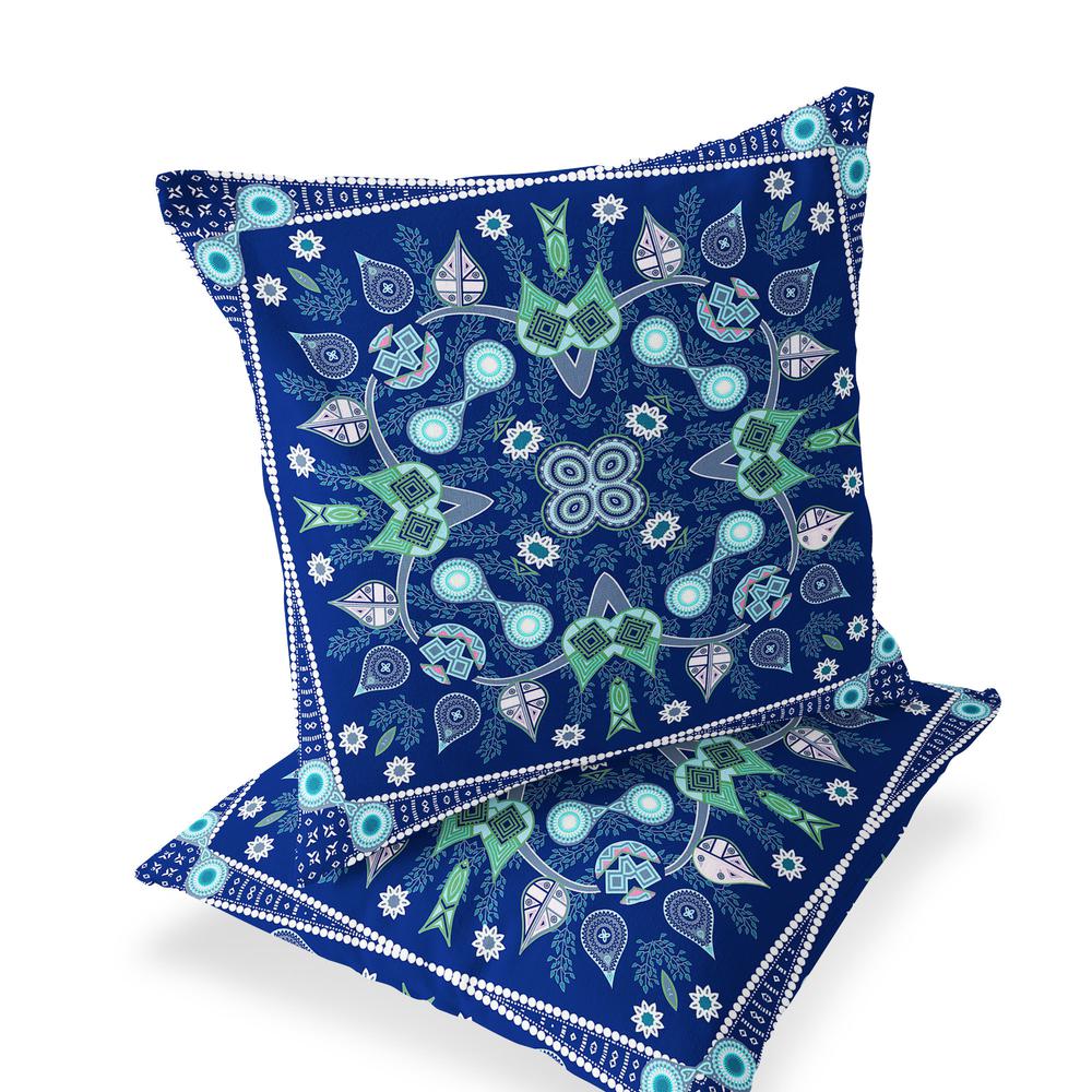 Set of Two 16" X 16" Blue, Green Blown Seam Paisley Indoor Outdoor Throw Pillow. Picture 1