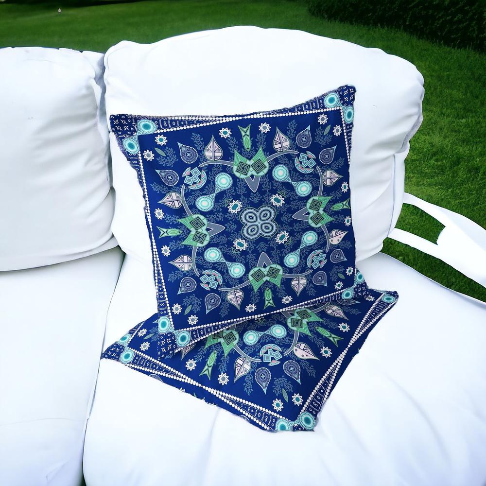 Set of Two 16" X 16" Blue, Green Blown Seam Paisley Indoor Outdoor Throw Pillow. Picture 5