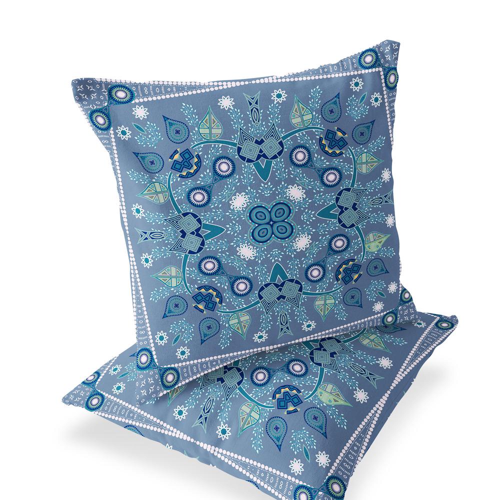 Set of Two 16" X 16" Blue, White Blown Seam Paisley Indoor Outdoor Throw Pillow. Picture 2